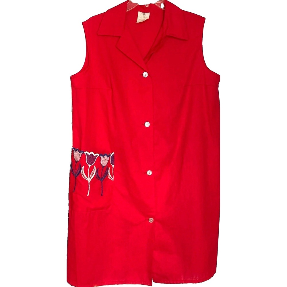 Vintage 70s ILGWU Red Cotton House Dress Sleeveless Smock Tulip Embroidered Plus
